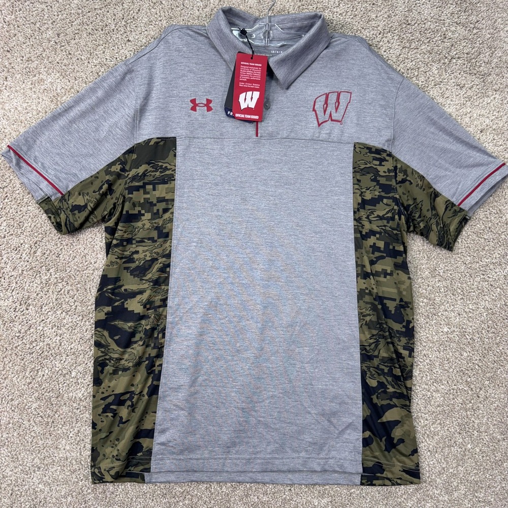 Wisconsin Under Armour Polo Mens Large Sideline Grey Camo NCAA Football NEW